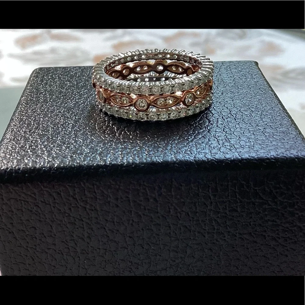 Sizes 4-10, 3 Pc Two Tone .925 Cz Eternity Band Ring Set - Picture 9 of 16